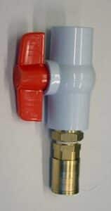Photo shows a tank tap assembly for a WeedSwiper. This shows a short, rigid tube, with a tap on one side. A metal coupling is at the end of the tube.